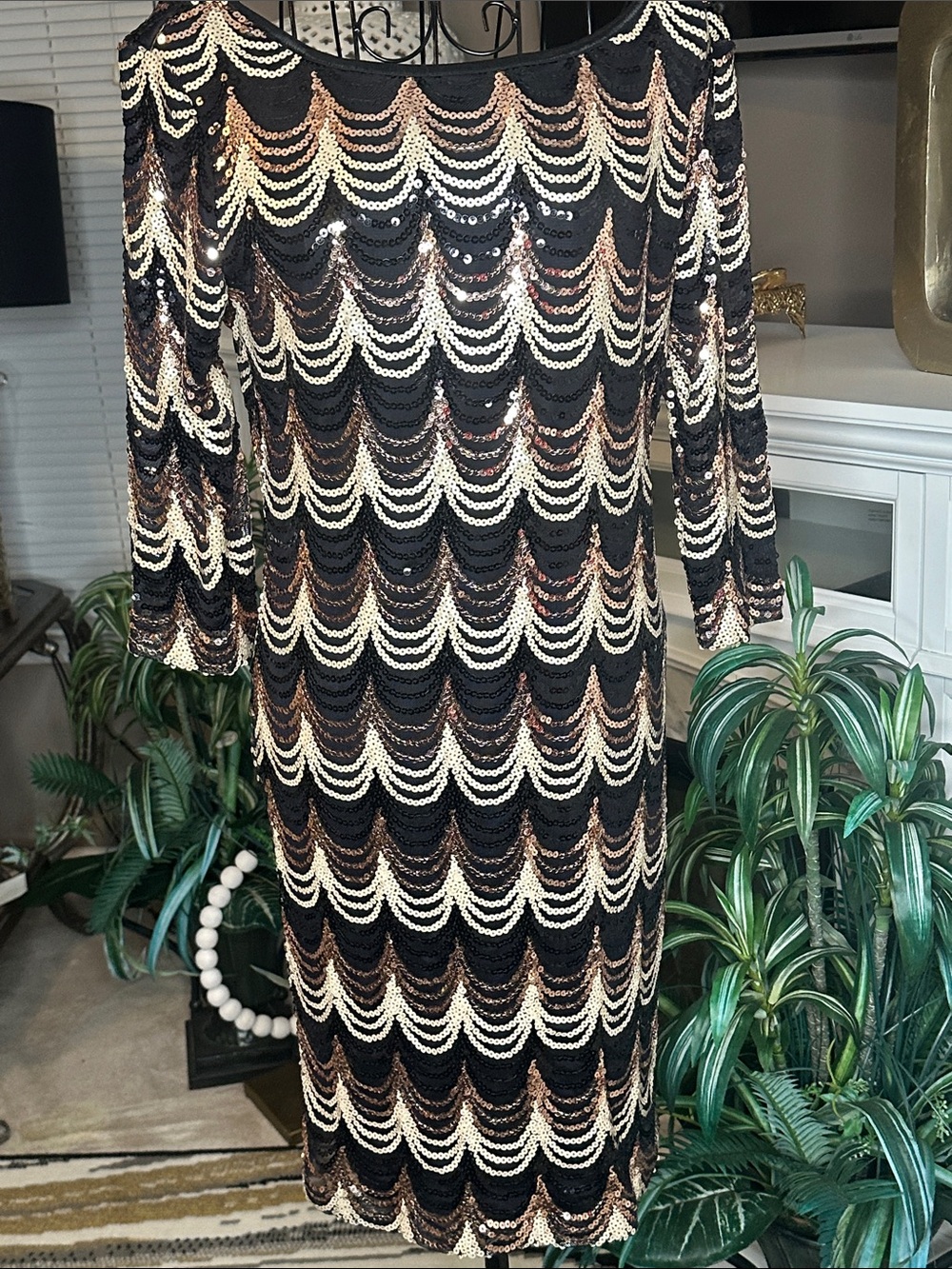 Crystal Doll Black Sequin Midi Dress with Gold and Cream Waves